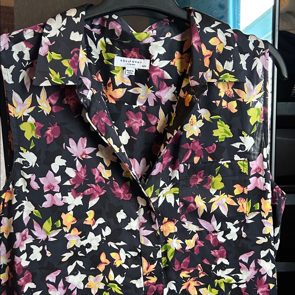 Equipment Floral Asymmetrical Black Multi-Color Sleeveless Dress